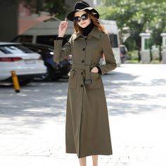 Women's Single Breasted Belted Long Trench Coat Fitted Raincoat For Rainy Fall Weather, Double-breasted Fall Workwear Raincoat, Fall Workwear Double-breasted Raincoat, Fitted Pea Coat With Belted Cuffs For Fall, Long Single-breasted Fall Raincoat, Fall Long Single Breasted Raincoat, Casual Long Pea Coat For Spring, Spring Belted Pea Coat With Lapel Collar, Fall Long Single-breasted Raincoat