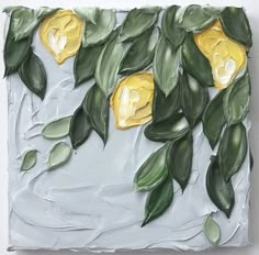 a painting with yellow flowers and green leaves on the surface, painted in acrylic paint