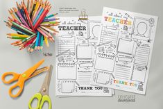 the teacher's thank you notes are next to colored pencils and crayons