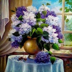 a painting of purple lilacs in a vase on a table with a blue cloth