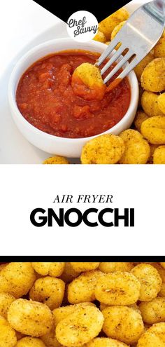 air fryer gnocchi is being served in a bowl