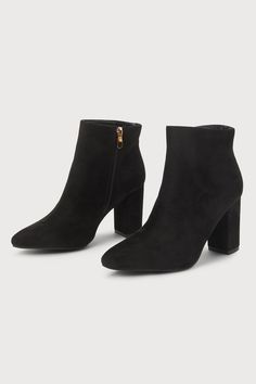 The sound of the Lulus Ottava Black Suede High Heel Booties strutting down the street is music to our ears! Soft faux suede covers the pointed toe upper and ankle-high shaft of these chic lil' boots. 5.5"" zipper at the instep. 3. 5" wrapped block heel. Lightly cushioned insole. Felted rubber sole has nonskid markings. Man Made Materials. Imported. Lulus | Ottava Black Suede High Heel Booties. Suede High Ankle Heeled Boots For Party, Suede Ankle-high Heeled Boots For Party, Ankle-high Suede Heeled Boots For Party, Suede Block Heel Boots For Party, Party Suede Heeled Boots With Block Heel, Suede Block-heeled Boots For Party, Party Heels With Suede Lining For Fall, Suede Boots With Stacked Heel For Party, Party Suede Boots With Stacked Heel