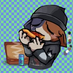 a cartoon character eating a hot dog next to a can of soda on a checkered tablecloth background