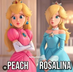 two cartoon characters with the caption peach and rosella in their respective outfits, both wearing tiaras