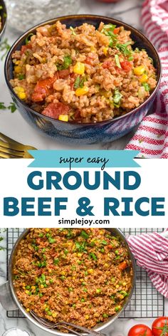 ground beef and rice in a pan with tomatoes on the side, next to it