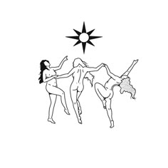 two women are dancing in front of the sun with their arms outstretched and legs spread out