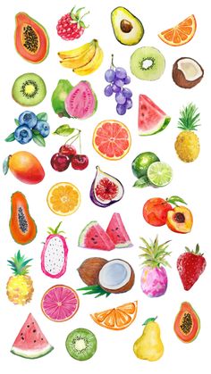 a bunch of different fruits and vegetables on a white background, including kiwis, oranges, watermelon, bananas, pineapple