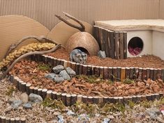 there is a cat house made out of wood logs and rocks in the middle of it