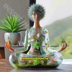 a woman sitting in a lotus position with plants on her feet and hands behind her back