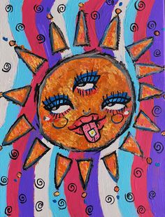 an acrylic painting of a sun with its tongue out and eyes painted on it