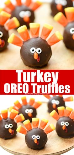 chocolate covered turkey oreo truffles on a wooden platter with the title text overlay