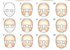 how to draw an old man's face with different facial shapes and eyes, including the