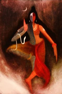 an artistic painting of a woman dancing with a snake in her hand and the moon above her head