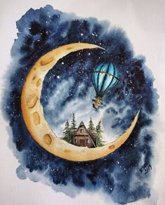 watercolor illustration of a house on the moon with a hot air balloon flying over it