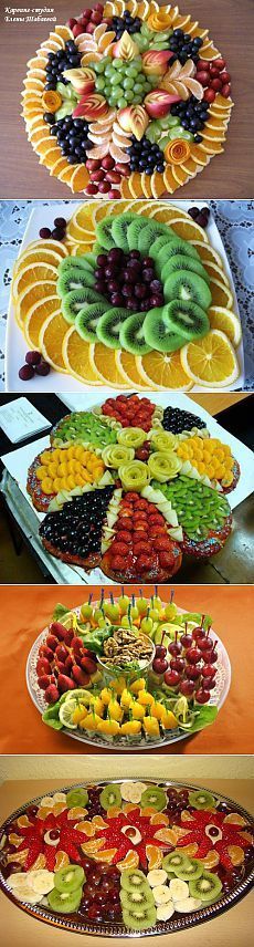 different types of fruit arranged on plates and serving trays with the same color scheme