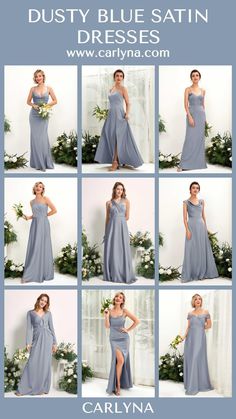 a collage of photos showing the different dresses worn by various women in blue and gray