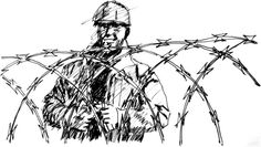 a black and white drawing of a man in a hat holding barbed wire behind him