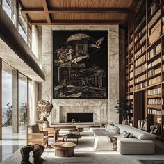 a living room filled with lots of furniture and bookshelves next to a fireplace