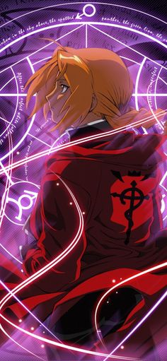 an anime character sitting in front of a purple background with circles and symbols around him