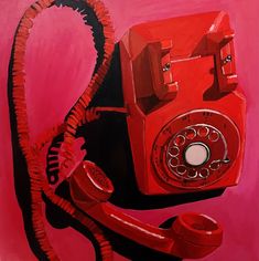 a painting of an old red telephone on a pink background with the cord still attached