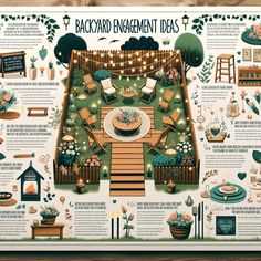 the backyard engagement ideas poster is displayed in front of a wooden table with chairs and lights on it