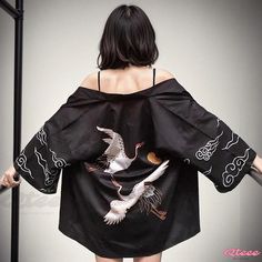 Qteee - Chic and Timeless Crane Chinese Print Kimono - Offering Sun Protection and Outerwear Functionality Kimono Jacket Pattern, Long Kimono Jacket, Printed Kimono Jacket, Cardigan Kimono, Kimono Coat, Retro Jacket, Womens Kimono, Print Kimonos, Anime Boyfriend