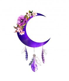 a purple crescent with flowers and feathers hanging from it