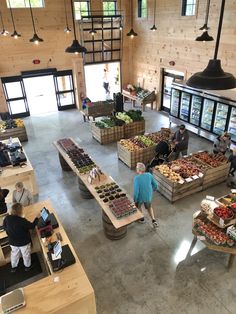 an overhead view of people shopping in a grocery store with lots of fresh fruits and vegetables