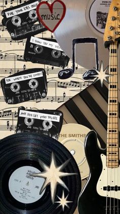 an electric guitar, record player and other musical instruments are arranged in this collage