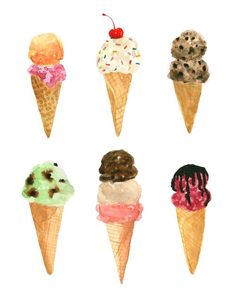 six ice cream cones with different flavors and toppings in them on a white background