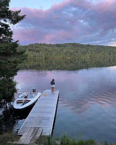 a man standing on a dock next to a boat at the end of a lake