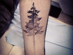 a person with a tattoo on their leg that has a pine tree in the middle