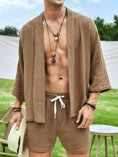 Mocha Brown Casual Collar Three Quarter Length Sleeve  Plain  Embellished Non-Stretch  Men Co-ords Boho Outfits For Men, Boho Outfits Men, Men Beachwear, Bohemian Outfit Men, Mens Linen Outfits, Boho Men Style, Beige Kimono, Tulum Outfits, Indian Wedding Clothes For Men