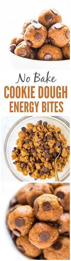 cookies and energy bites with text overlay that says no bake cookie dough energy bites