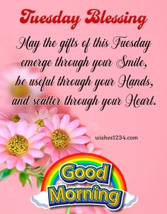 good morning message with pink daisies and rainbows in the background on a pink background