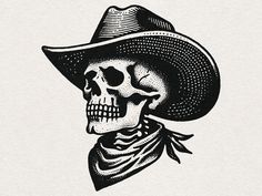 a drawing of a skull wearing a cowboy hat with a bandanna around its neck