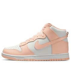 The Nike Dunk High 'Crimson Tint' for women is a delicate take on the classic color blocking of the 1985 'Be True to Your School' series. This high-top sneaker is crafted from white leather with beautifully contrasting overlays in a creamy pink hue. It features traditional Nike branding on the sockliner and tongue, plus a two-tone rubber outsole that's perfect for gripping any hard surface. Whether you're hitting the court or just strolling around town, this shoe is sure to turn heads. High Dunks, Dunks High, Dunk Shoes, Dunk Low Nike, Nike Sb Dunk, Nike Dunk High, Dunk High, Nike Sb Dunks, Sb Dunk