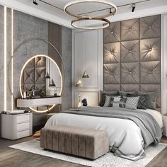 a bedroom with a large bed and round mirrors above the headboard, along with a stool