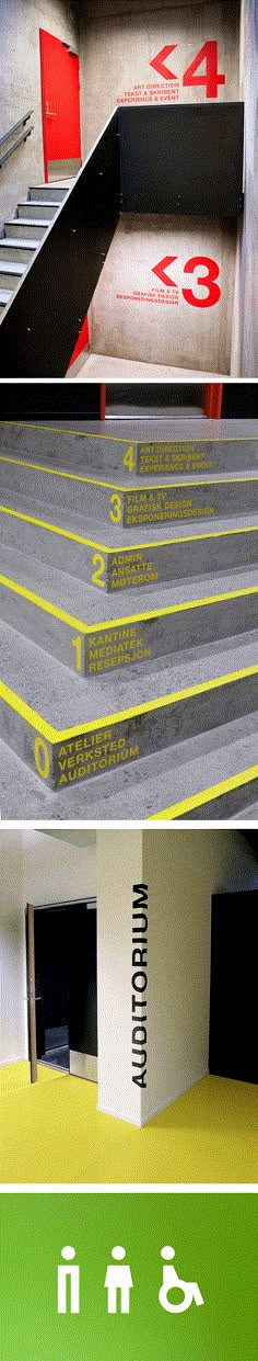 the stairs are painted green and yellow with numbers on each step to indicate where they go