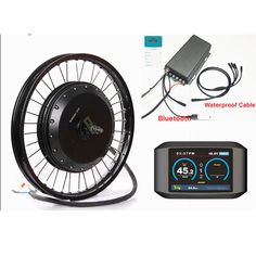 an electric bicycle wheel with bluetooth cable connected to it and other parts surrounding it