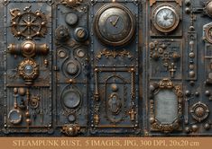 an intricately designed metal panel with clocks and other items on it's sides