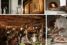 people are sitting at tables in front of an oven and pizzas on the table