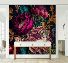 the wallpaper is decorated with colorful flowers and leaves, as well as a console table