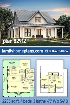 two story house plan with 3 beds, 3 baths, and 4 w / d