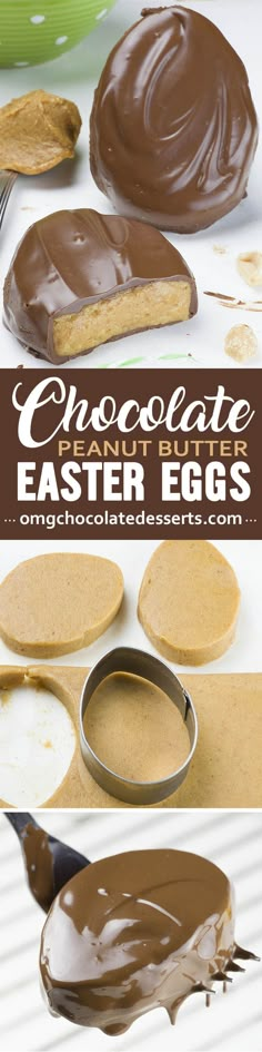 chocolate easter eggs with peanut butter on top and an egg being dipped in melted chocolate