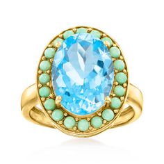 Ross-Simons - 3.20ct Sky Blue Topaz Ring, Turquoise in 18kt Yellow Gold Over Sterling. Size 5. Earthy and elegant elements come together in this pretty tonal blue statement! Our ring features a 3.20 carat oval sky blue topaz bordered by 2mm round stabilized turquoise cabochons for a unique touch that will wear well with both casual and dressy ensembles. Set in polished 18kt yellow gold over sterling silver. 3/4" wide. Turquoise and sky blue topaz ring. Blue Topaz birthstones are the perfect gift Sky Blue Topaz Ring, Topaz Birthstone, Sky Blue Topaz, Blue Topaz Ring, Topaz Ring, Blue Topaz, Blue Sky, Halo, Topaz