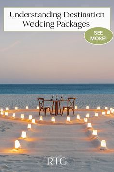 an advertisement for a wedding package on the beach with candles in the sand and two people sitting at a table