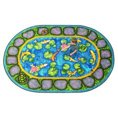 an oval shaped rug with fish and lily pads on the ground, painted in blue and green