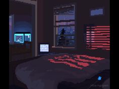 an image of a bedroom setting in the style of old school pixel art with neon colors