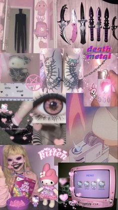 a collage of photos with pink and purple makeup, eyeliners, hair clips, cat ears, lipstick, nails